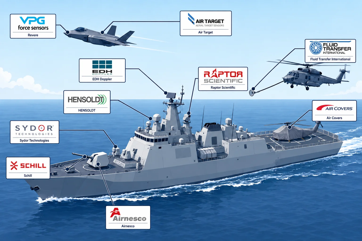 Composición de equipos de defensa militar en aire y mar con logotipos de los fabricantes