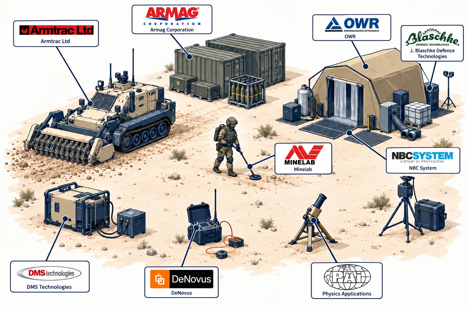 Composición de equipos de defensa militar en tierra con logotipos de los fabricantes