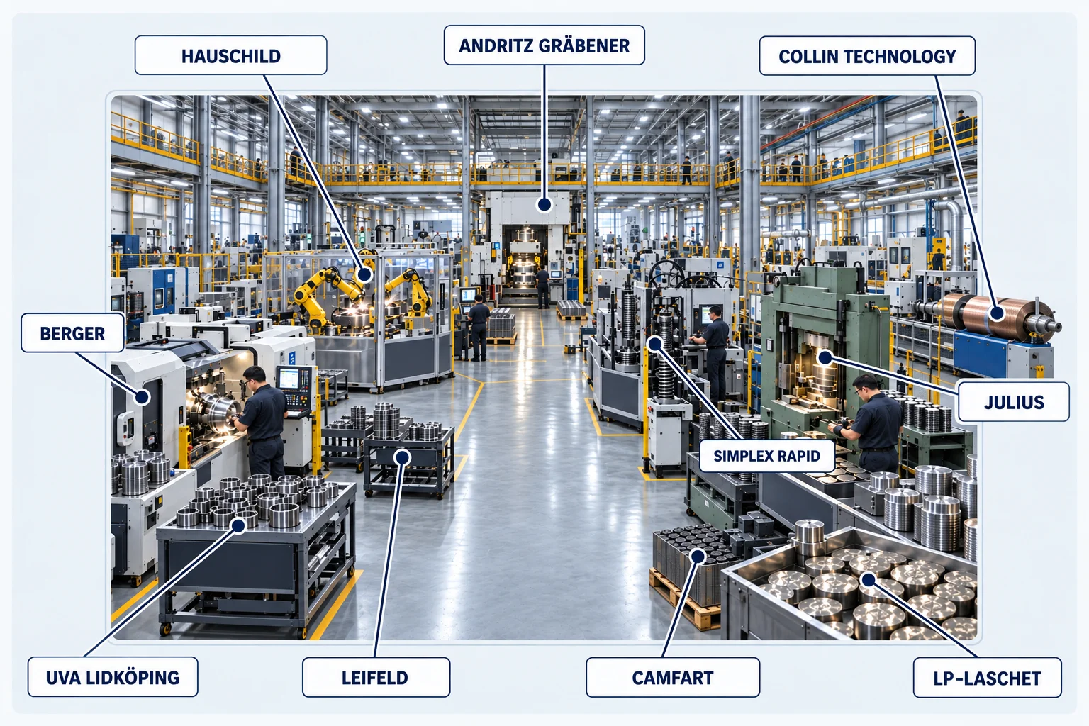 Infografia maquinaria industrial y fabricantes con nombres de los fabricantes