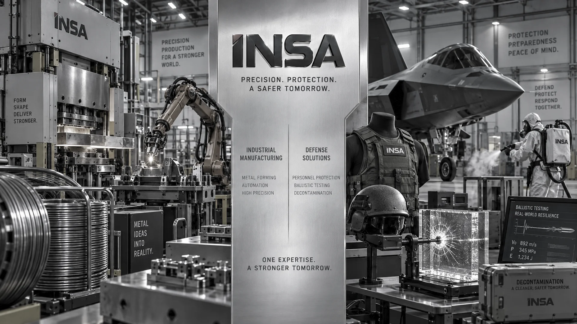 Composición de gran hangar con maquinaria y equipamiento industrial y de defensa. Blanco y negro